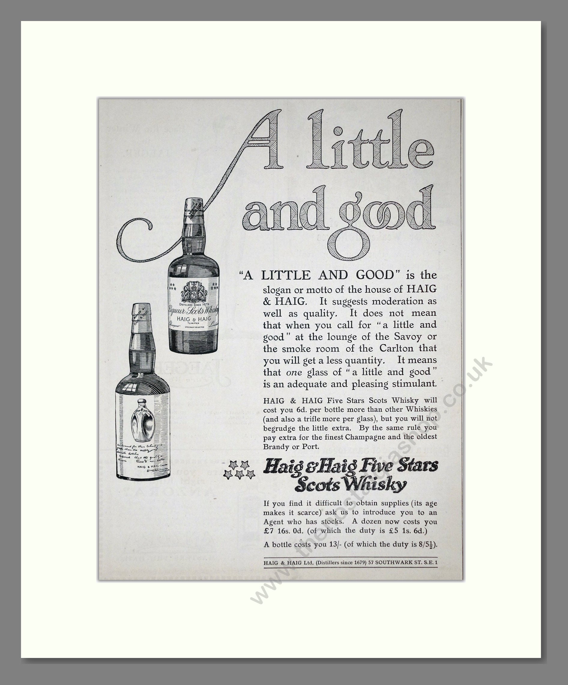 Haig And Haig - Five Stars Scots Whisky. Vintage Advert 1921 (ref AD64989)
