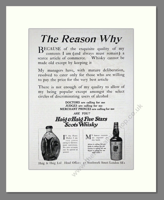Haig And Haig - Five Stars Scots Whisky. Vintage Advert 1919 (ref AD64998)