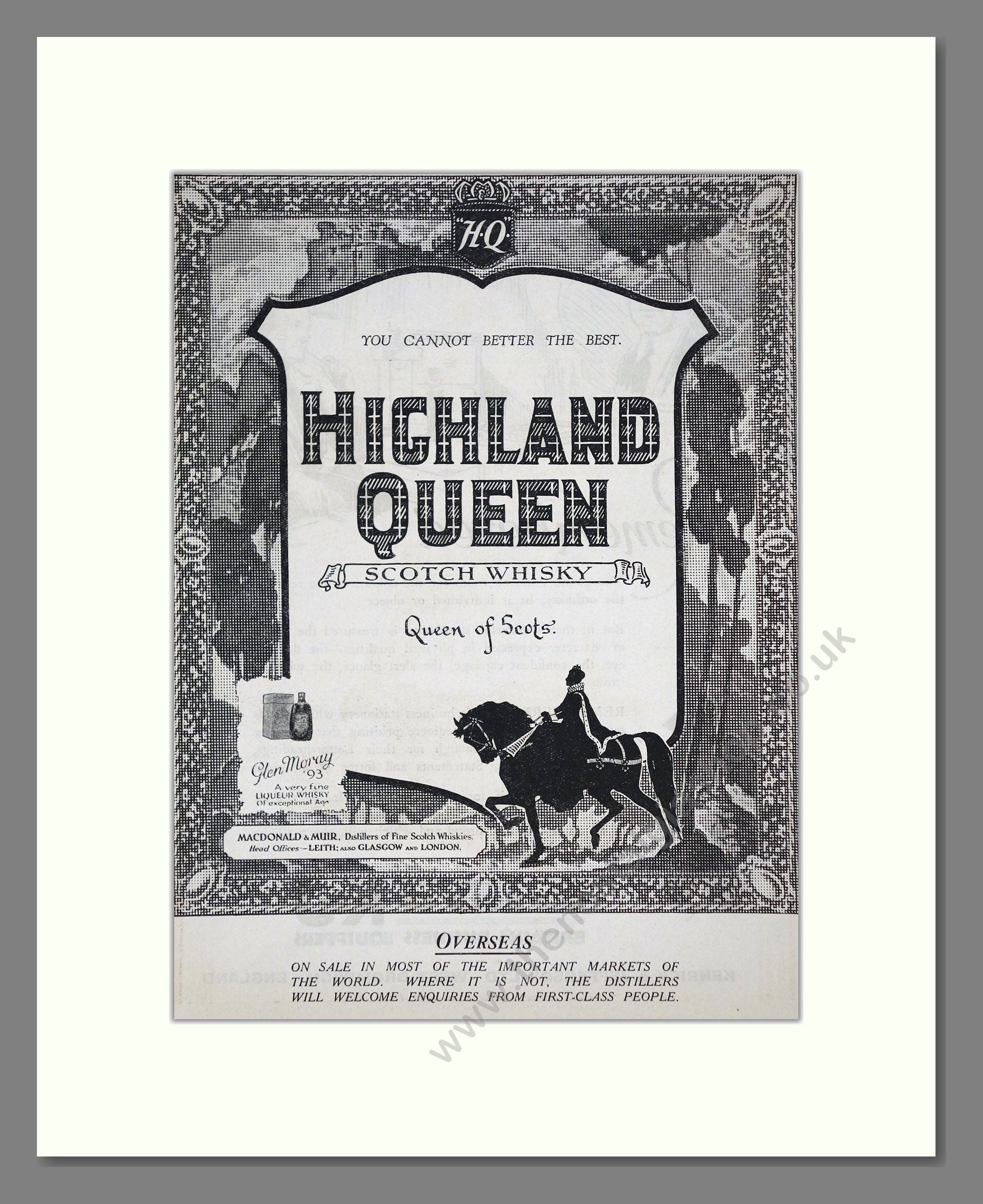 Highland Queen - Scotch Whisky. Vintage Advert 1927 (ref AD65054)