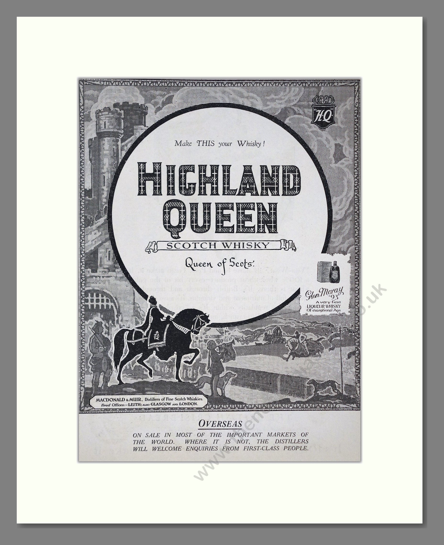 Highland Queen - Scotch Whisky. Vintage Advert 1926 (ref AD65056)