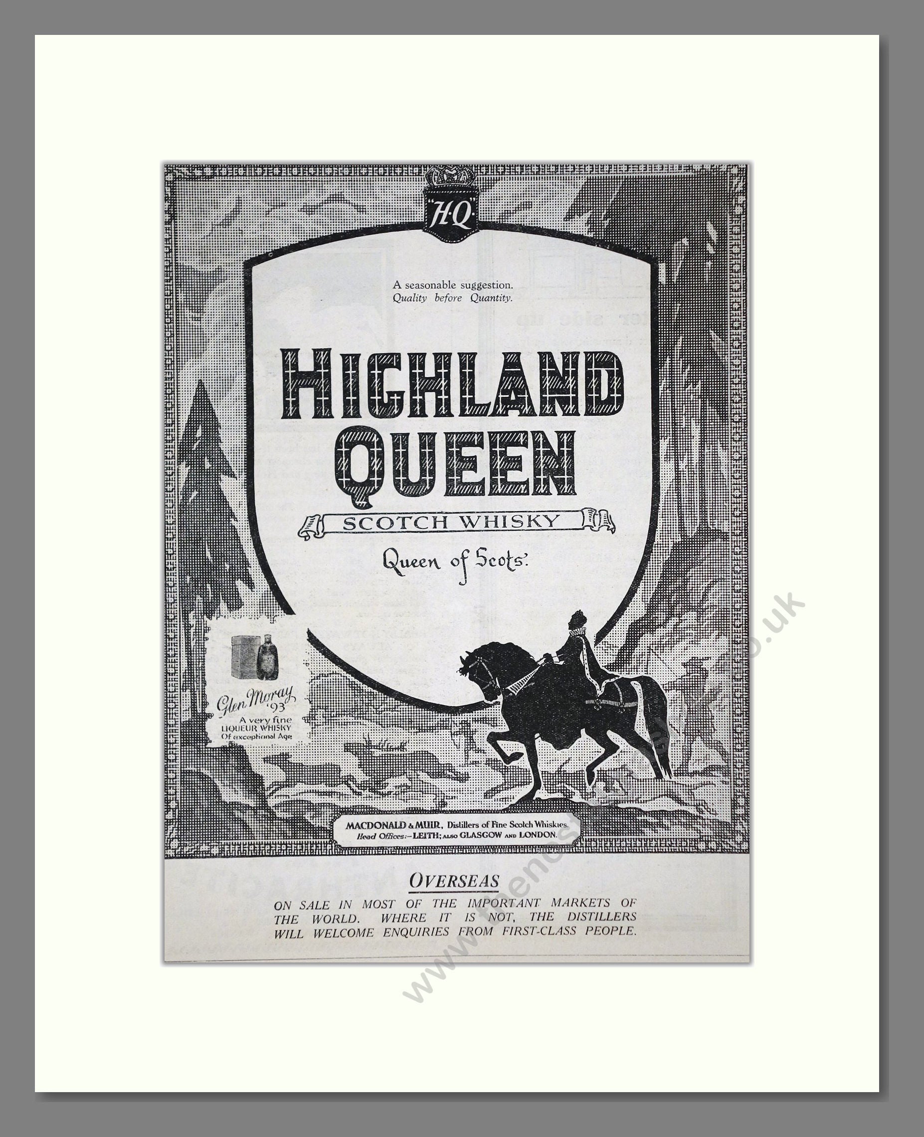 Highland Queen - Scotch Whisky. Vintage Advert 1927 (ref AD65058)