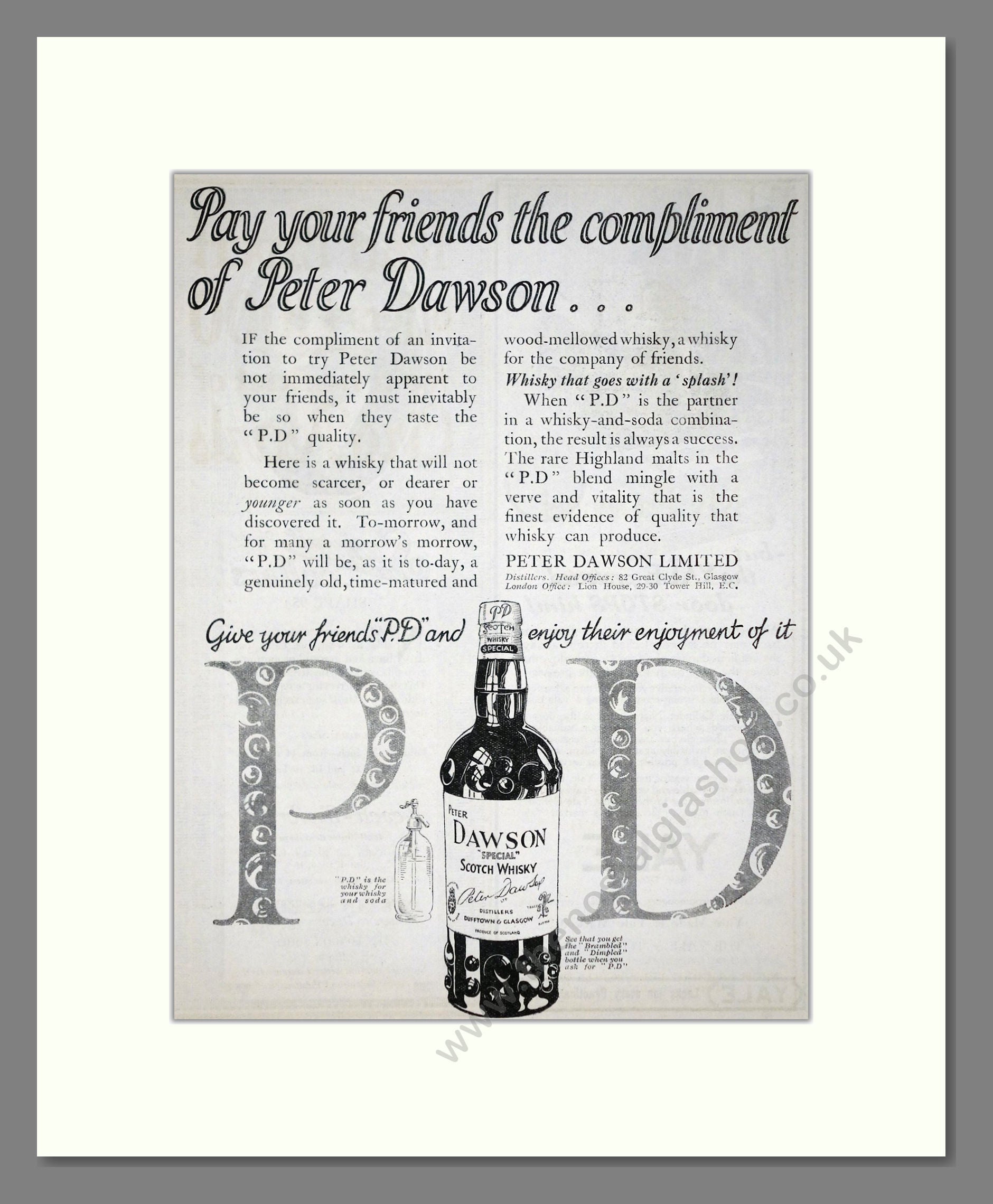 Peter Dawson - PD Whisky. Vintage Advert 1924 (ref AD65097)