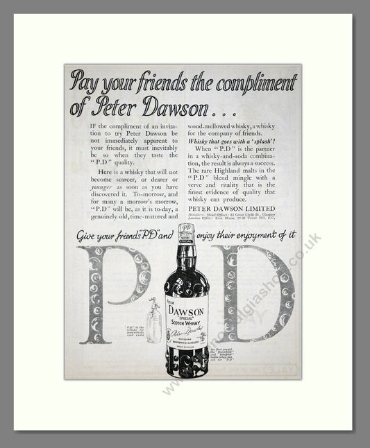 Peter Dawson - PD Whisky. Vintage Advert 1924 (ref AD65097)