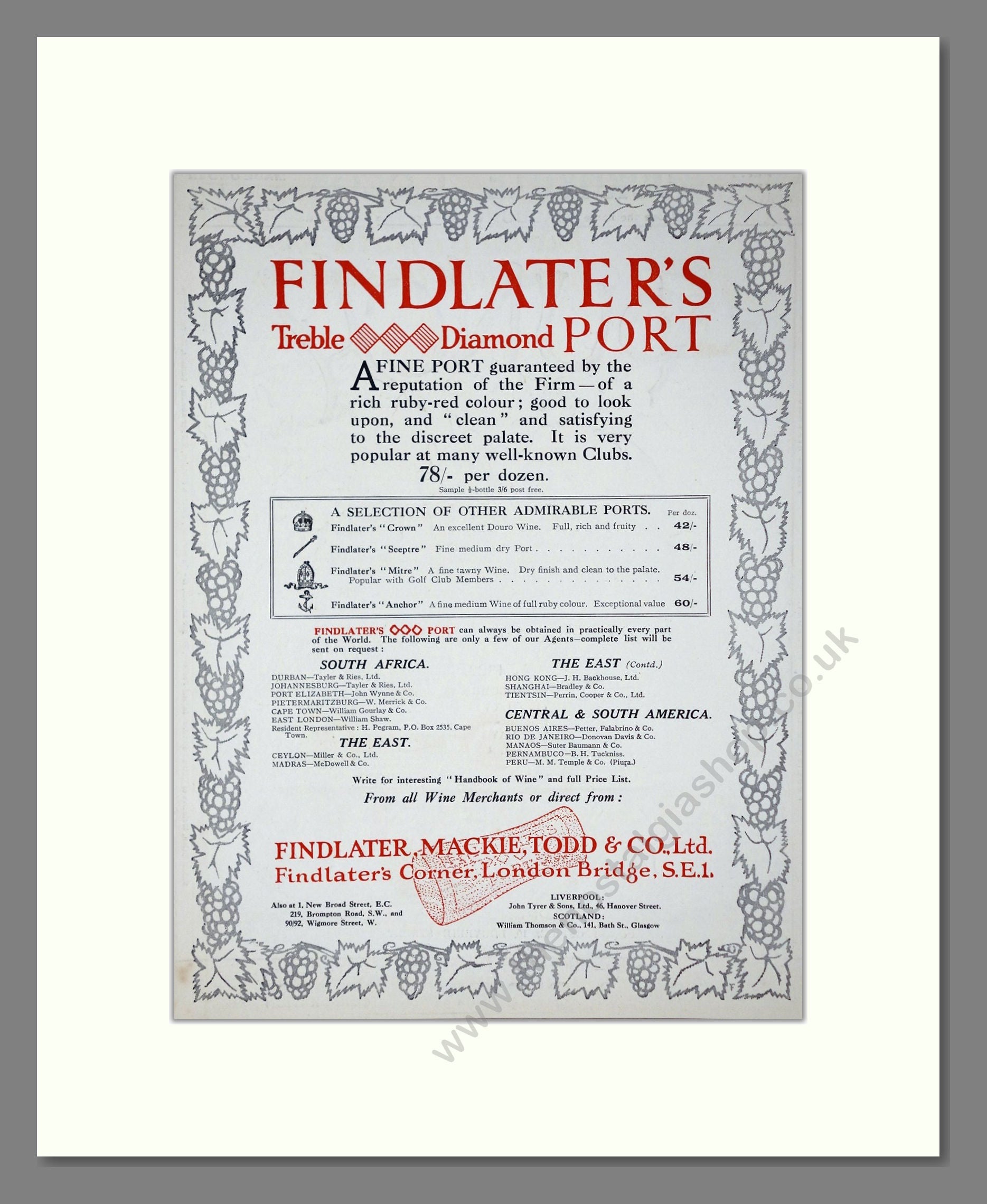 Findlater's - Treble Diamond Port. Vintage Advert 1924 (ref AD65106)