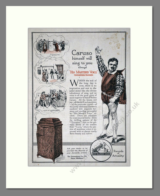 HMV His Master's Voice - Caruso. Vintage Advert 1919 (ref AD65120)