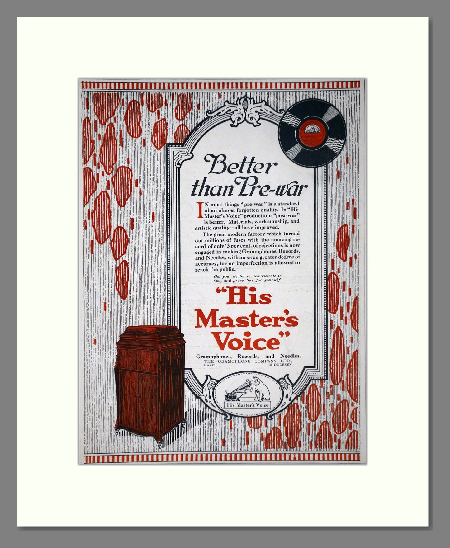 HMV His Master's Voice - Better Than Pre-War. Vintage Advert 1919 (ref AD65124)