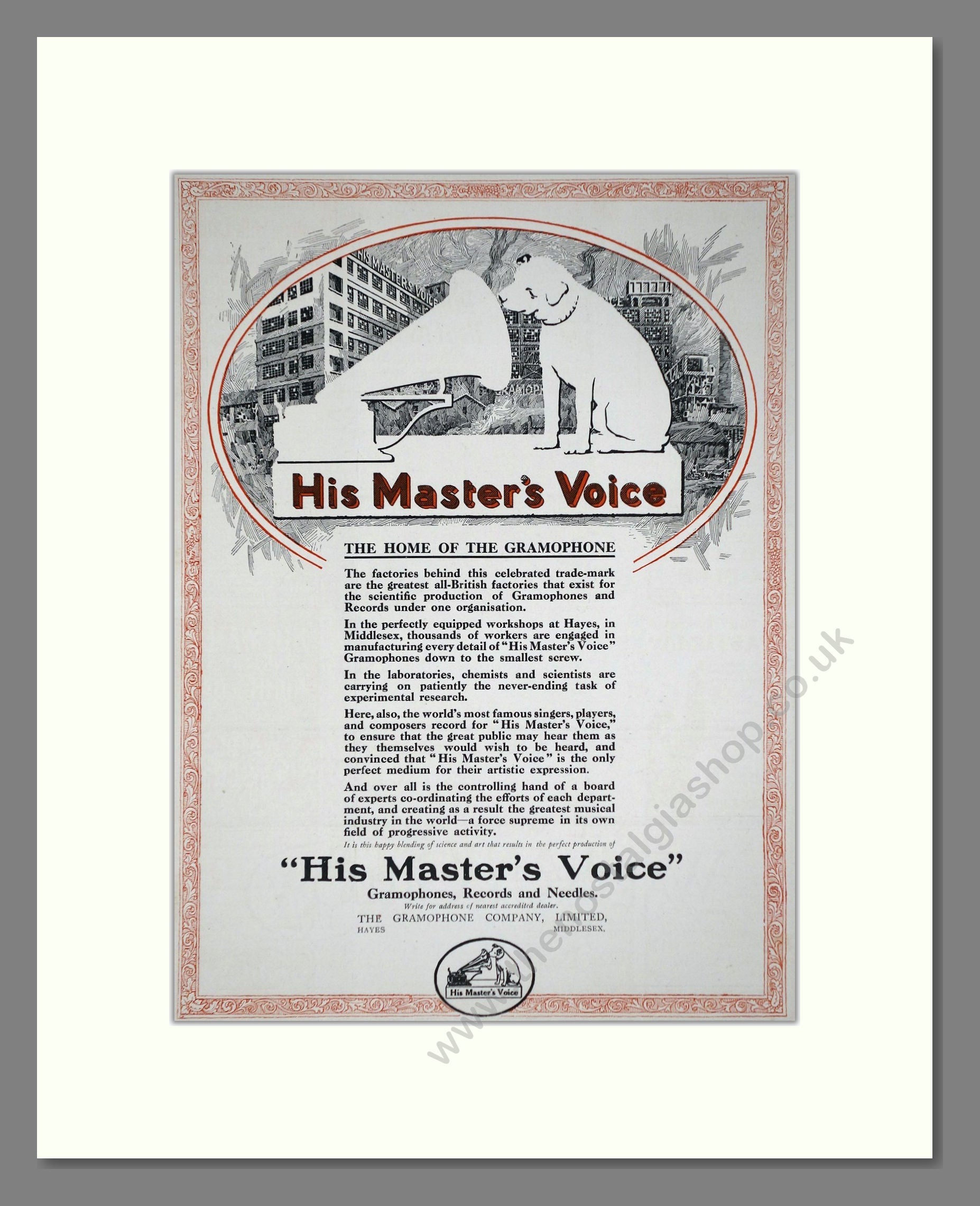 HMV His Master's Voice - The Home Of The Gramophone. Vintage Advert 1920 (ref AD65126)