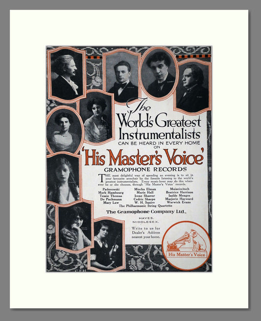 HMV His Master's Voice - The World's Greatest Instrumentalists. Vintage Advert 1919 (ref AD65134)