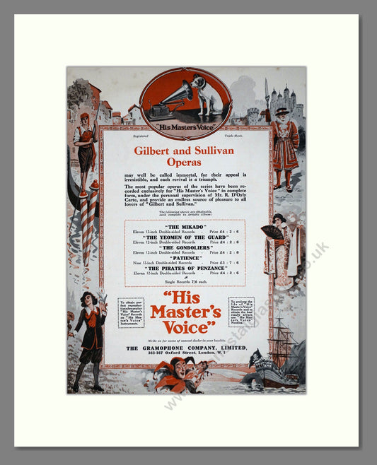 HMV His Master's Voice - Gilbert And Sullivan Operas. Vintage Advert 1921 (ref AD65135)