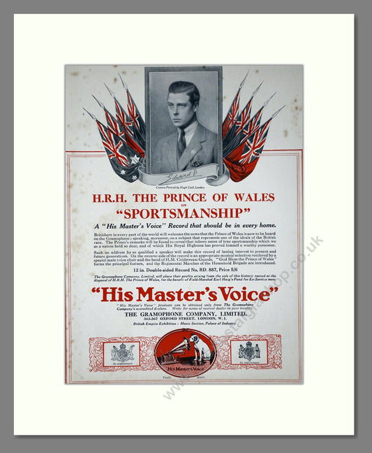 HMV His Master's Voice - The Prince Of Wales On Sportsmanship. Vintage Advert 1924 (ref AD65138)