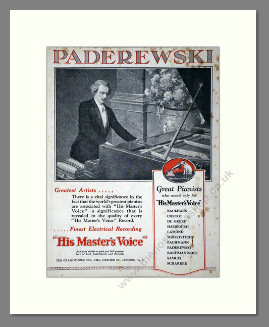 HMV His Master's Voice - Paderewski. Vintage Advert 1927 (ref AD65140)