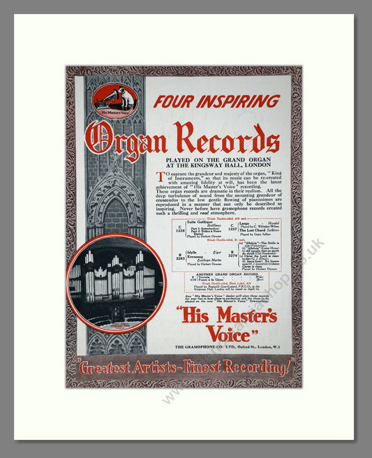 HMV His Master's Voice - Organ Records. Vintage Advert 1926 (ref AD65141)