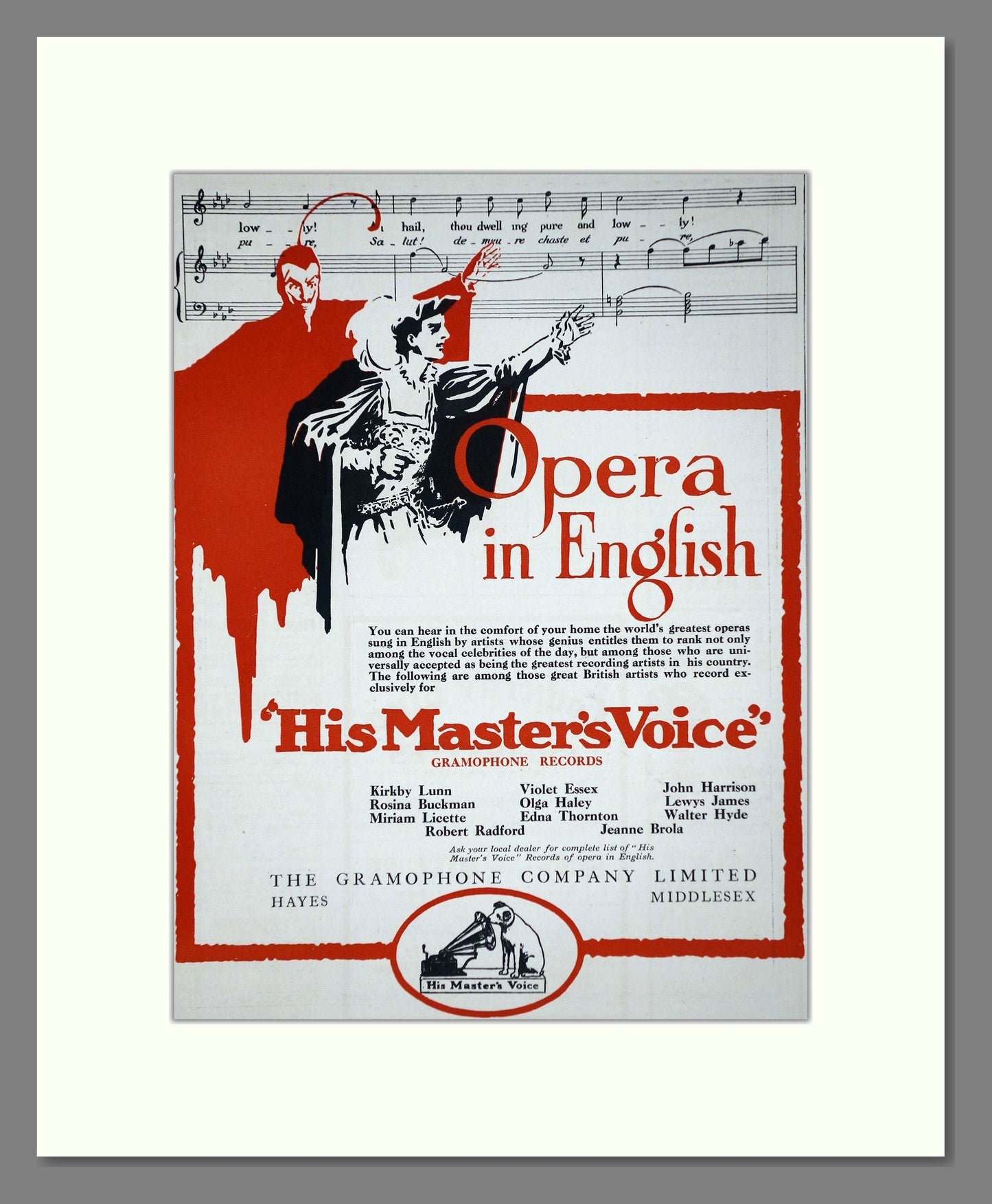 HMV His Master's Voice - Opera In English. Vintage Advert 1920 (ref AD65144)