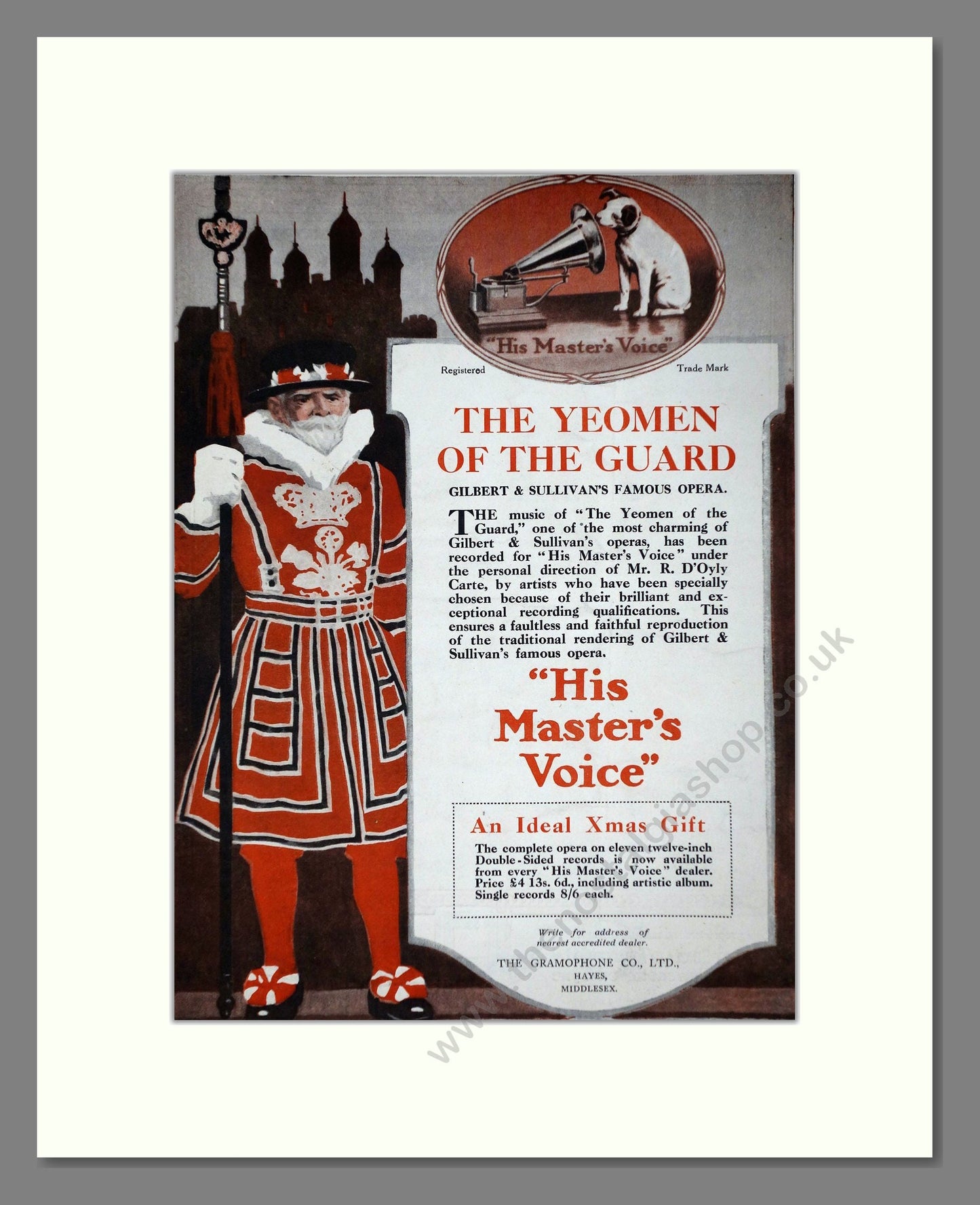 HMV His Master's Voice - The Yeoman Of The Guard. Vintage Advert 1920 (ref AD65147)