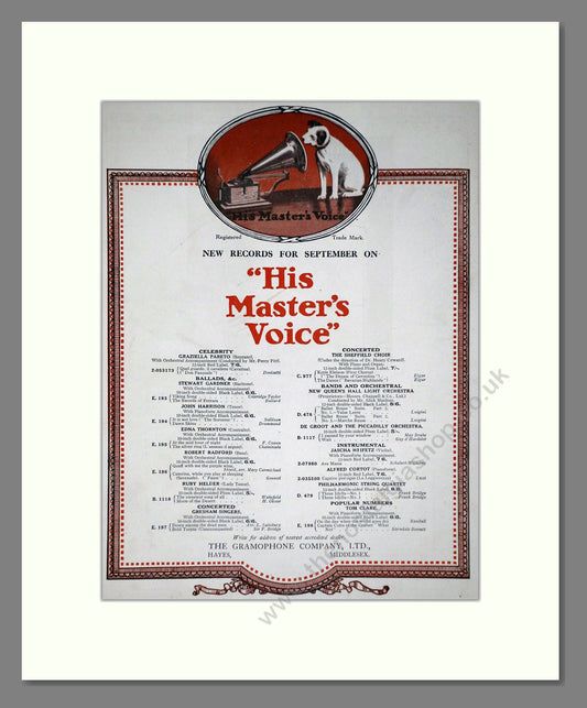 HMV His Master's Voice - New Records For September. Vintage Advert 1920 (ref AD65148)