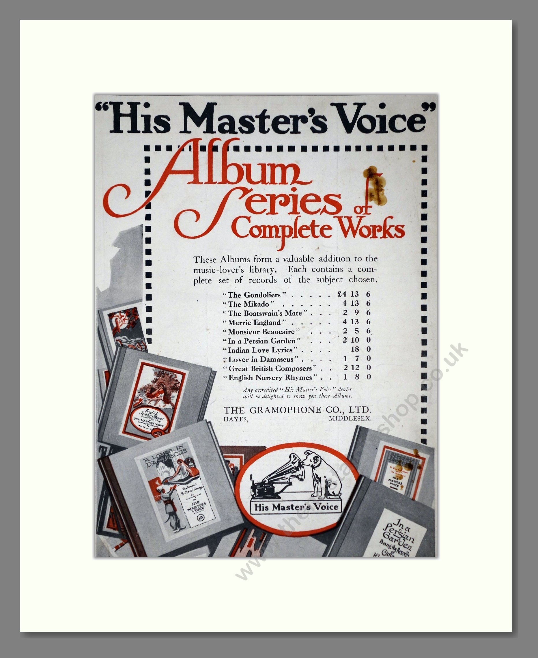 HMV His Master's Voice - Album Series Of Complete Works. Vintage Advert 1920 (ref AD65150)