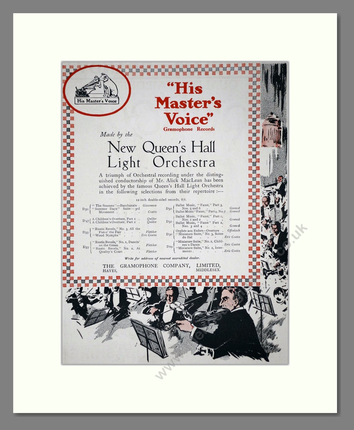 HMV His Master's Voice - New Queens Hall Light Orchestra. Vintage Advert 1920 (ref AD65151)