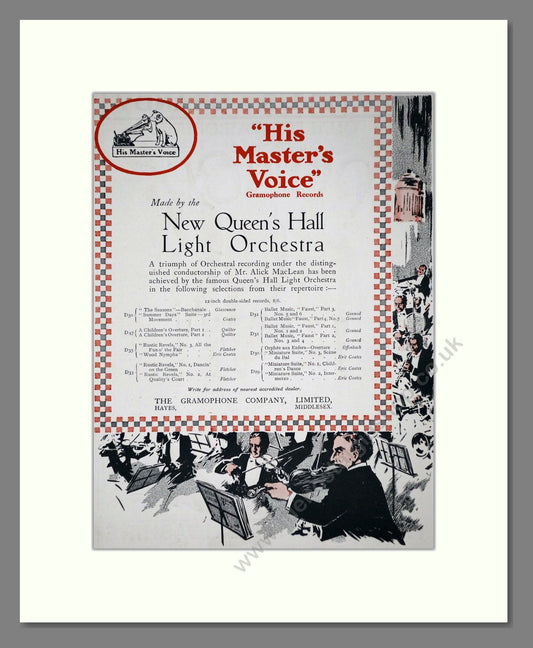 HMV His Master's Voice - New Queens Hall Light Orchestra. Vintage Advert 1920 (ref AD65151)