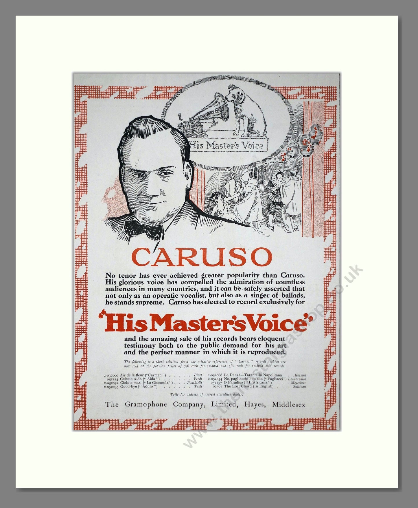 HMV His Master's Voice - Caruso. Vintage Advert 1920 (ref AD65155)