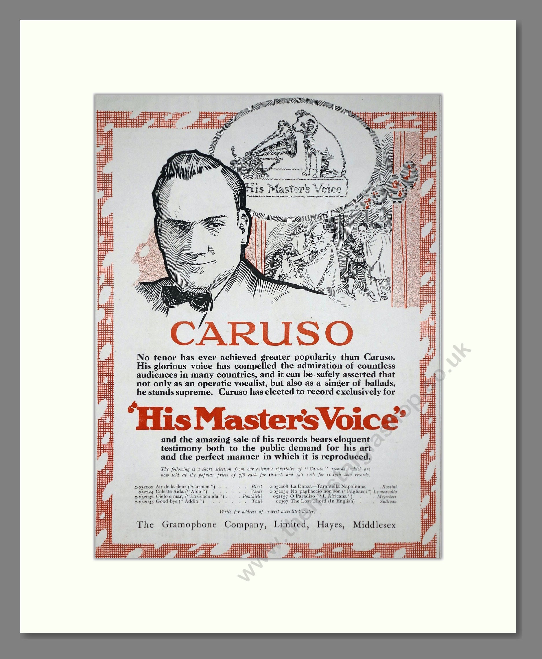 HMV His Master's Voice - Caruso. Vintage Advert 1920 (ref AD65155)