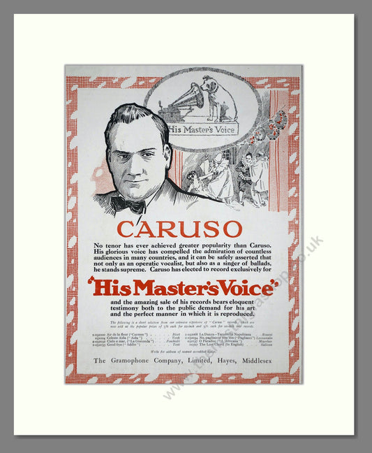 HMV His Master's Voice - Caruso. Vintage Advert 1920 (ref AD65155)