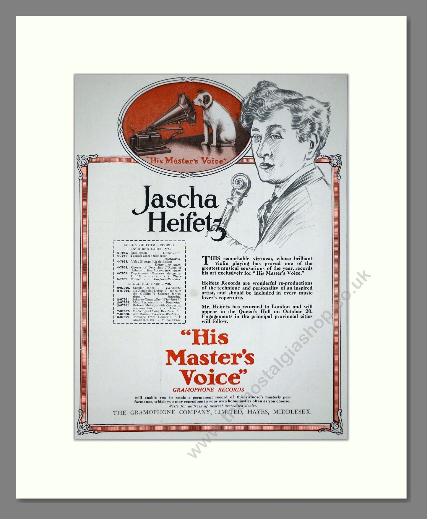 HMV His Master's Voice - Jascha Heifetz. Vintage Advert 1920 (ref AD65156)