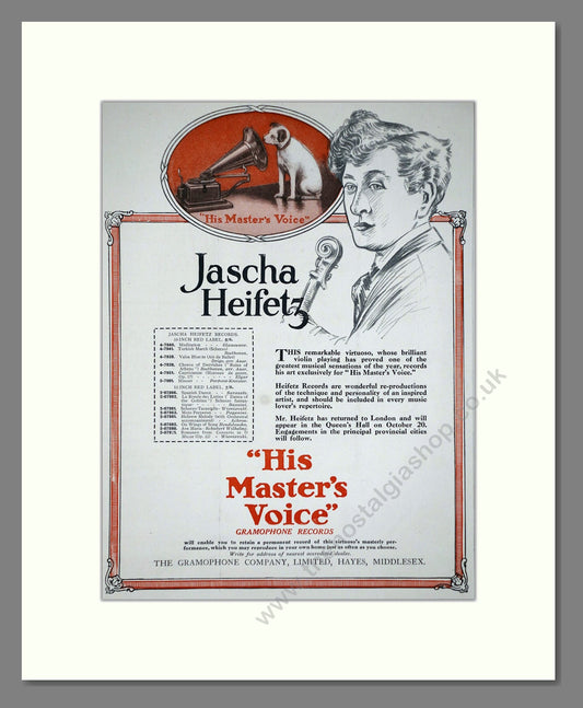 HMV His Master's Voice - Jascha Heifetz. Vintage Advert 1920 (ref AD65156)