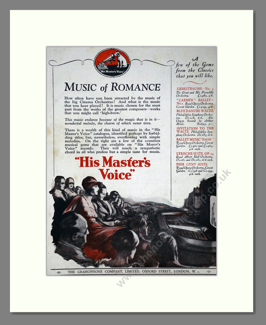 HMV His Master's Voice - Music Of Romance. Vintage Advert 1928 (ref AD65157)