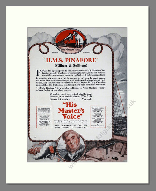 HMV His Master's Voice - HMS Pinafore. Vintage Advert 1923 (ref AD65158)