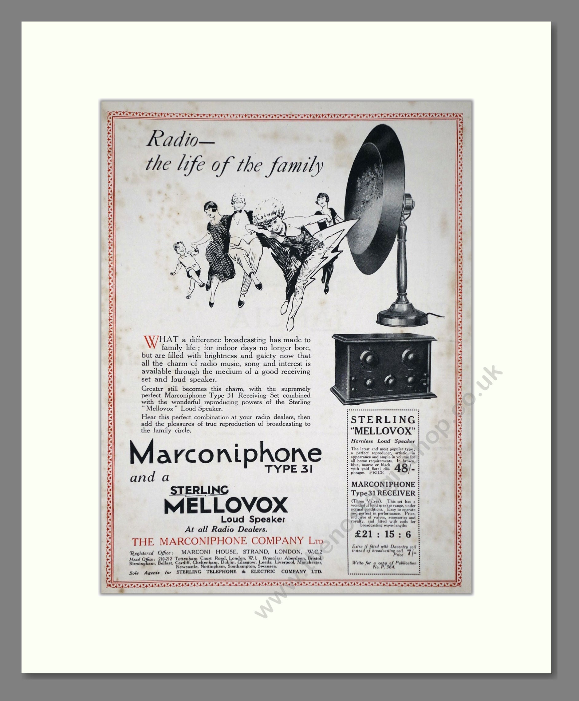 Sterling / Marconiphone - Radio. Vintage Advert 1926 (ref AD65169)