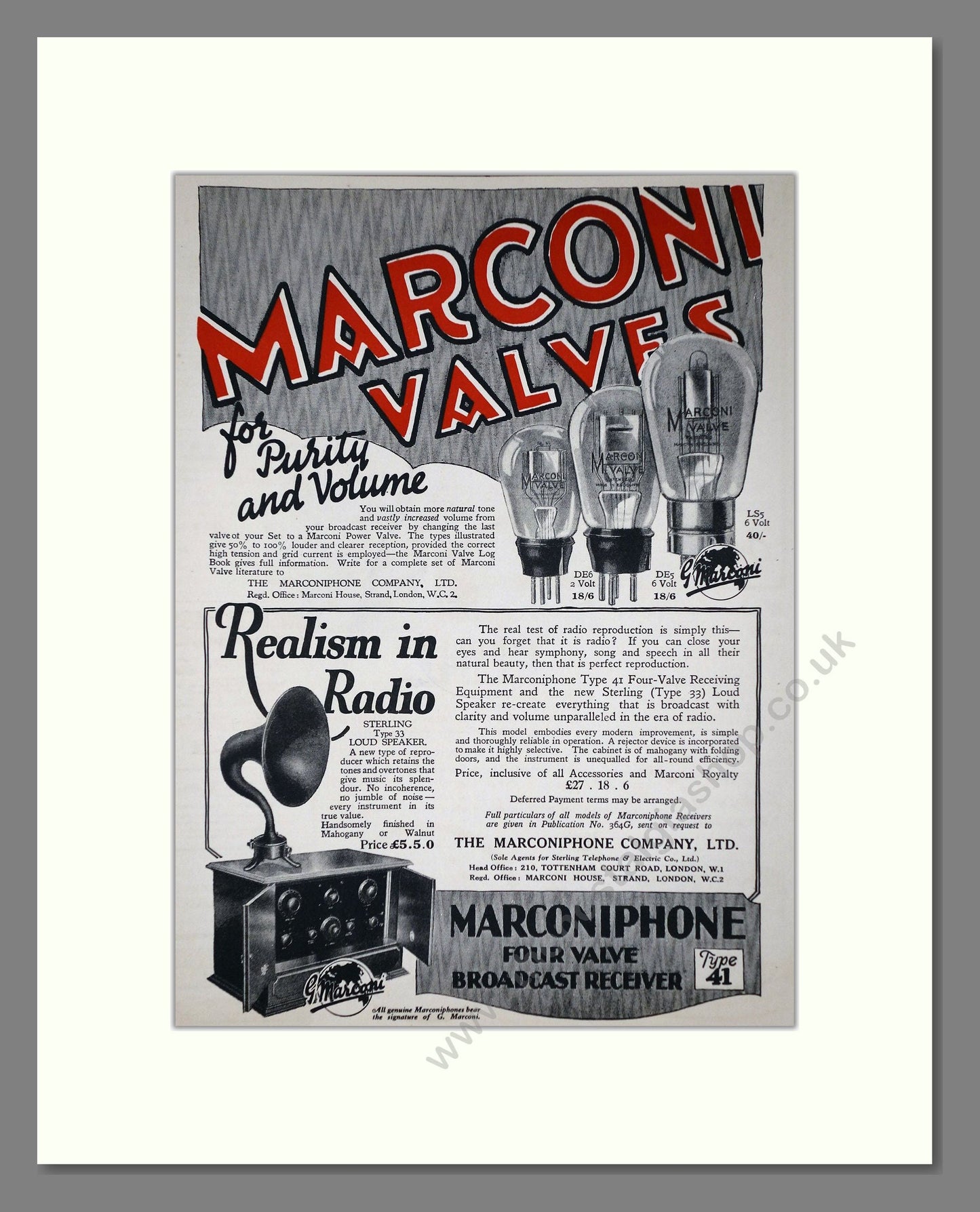 Marconi - Valves. Vintage Advert 1926 (ref AD65173)