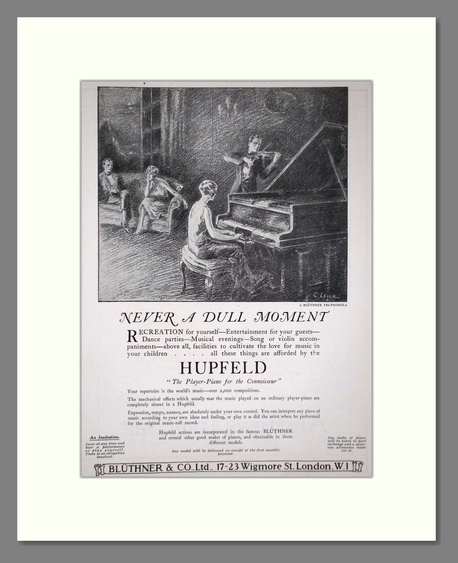 Bluthner - Hupfeld Player Piano. Vintage Advert 1926 (ref AD65427)