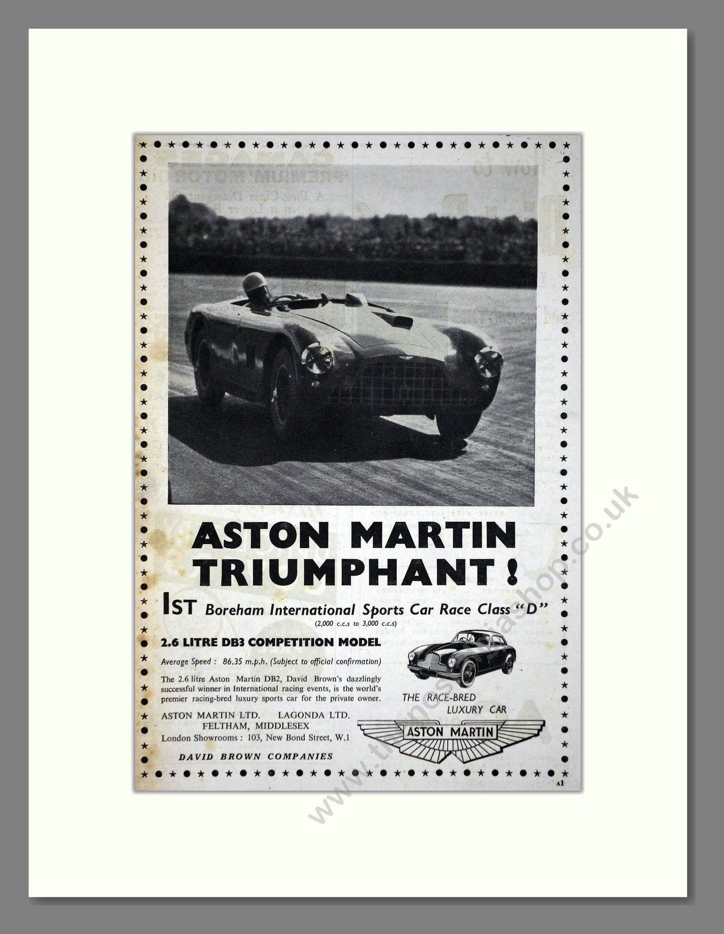 Aston Martin - Boreham Winner. Vintage Advert 1952 (ref AD65218)