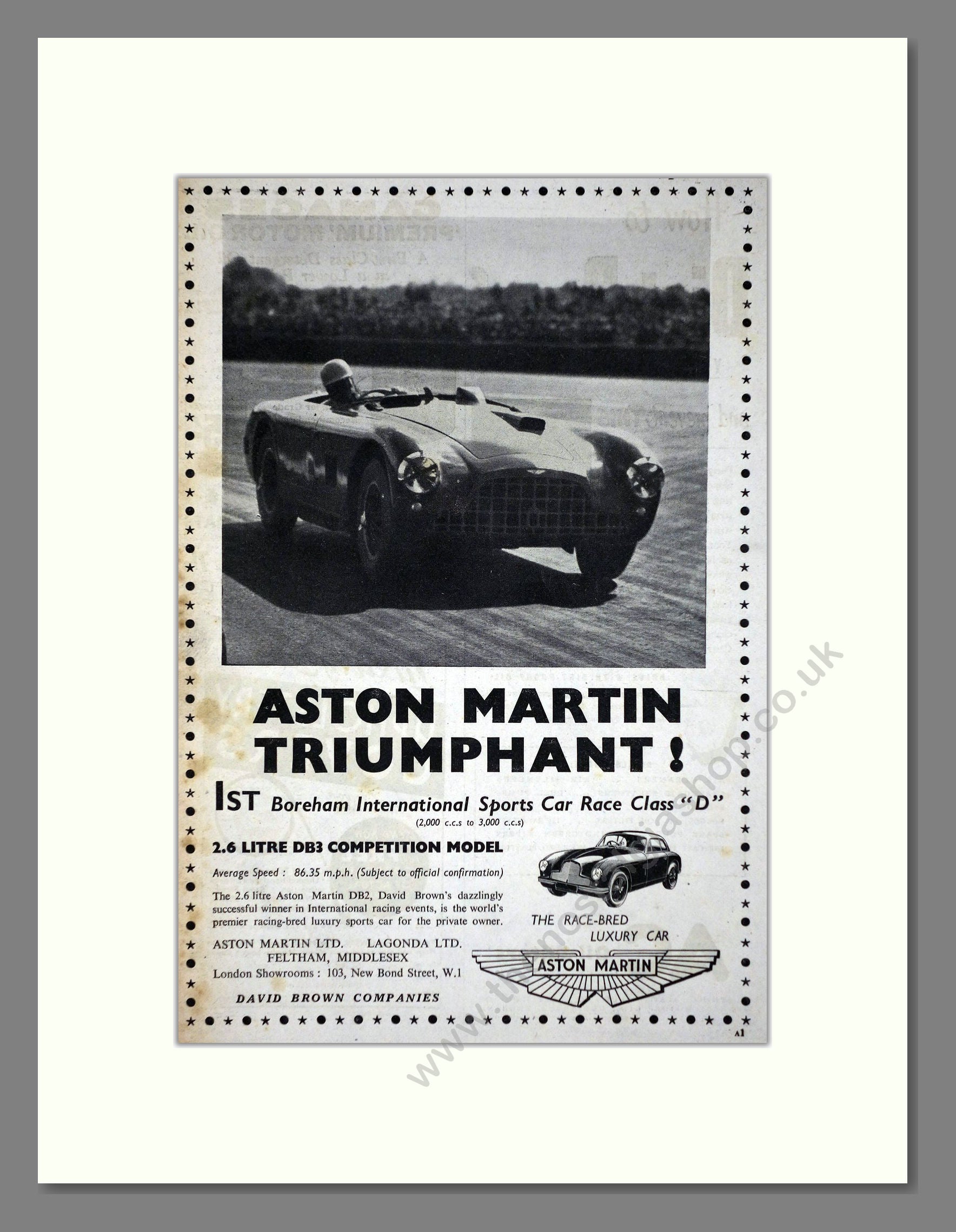 Aston Martin - Boreham Winner. Vintage Advert 1952 (ref AD65218)