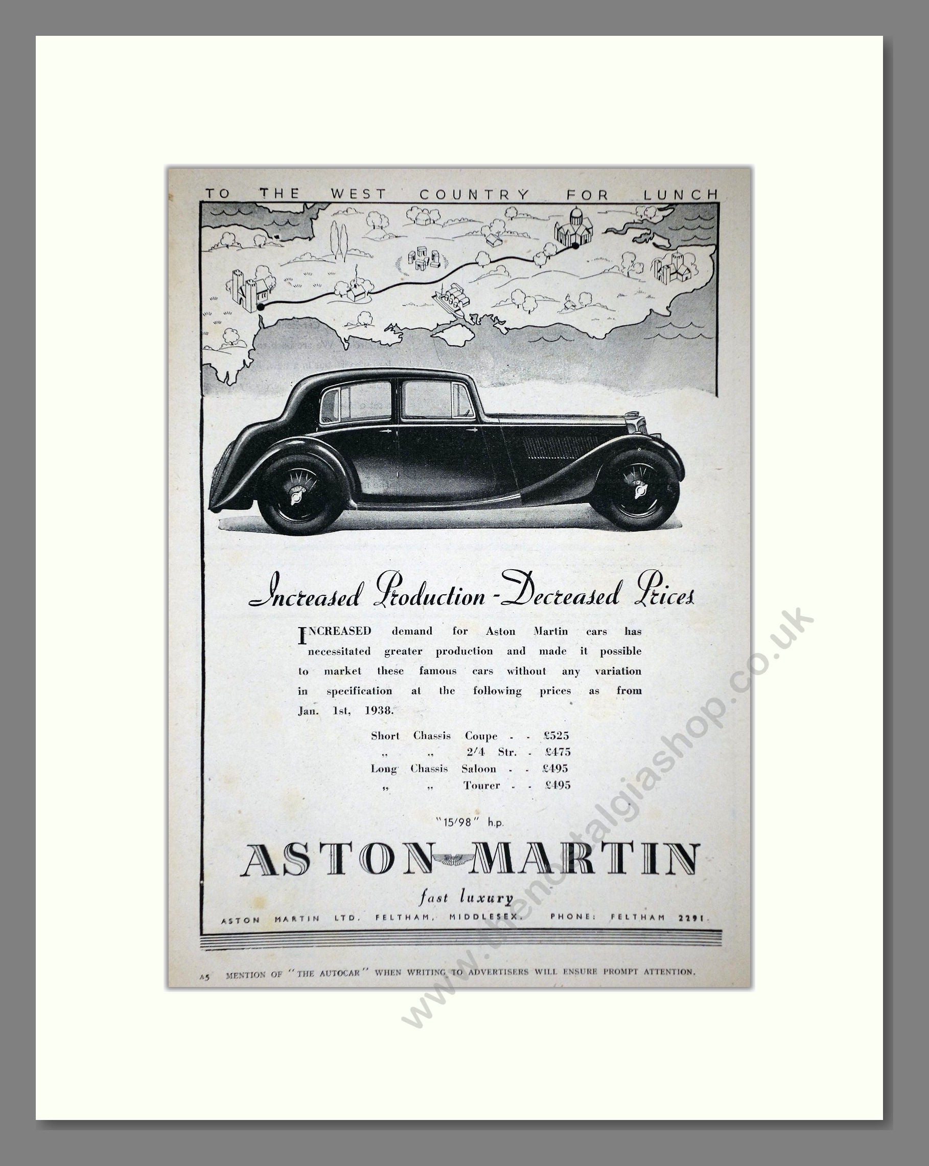 Aston Martin - 15/98 Increased Production. Vintage Advert 1938 (ref AD65237)