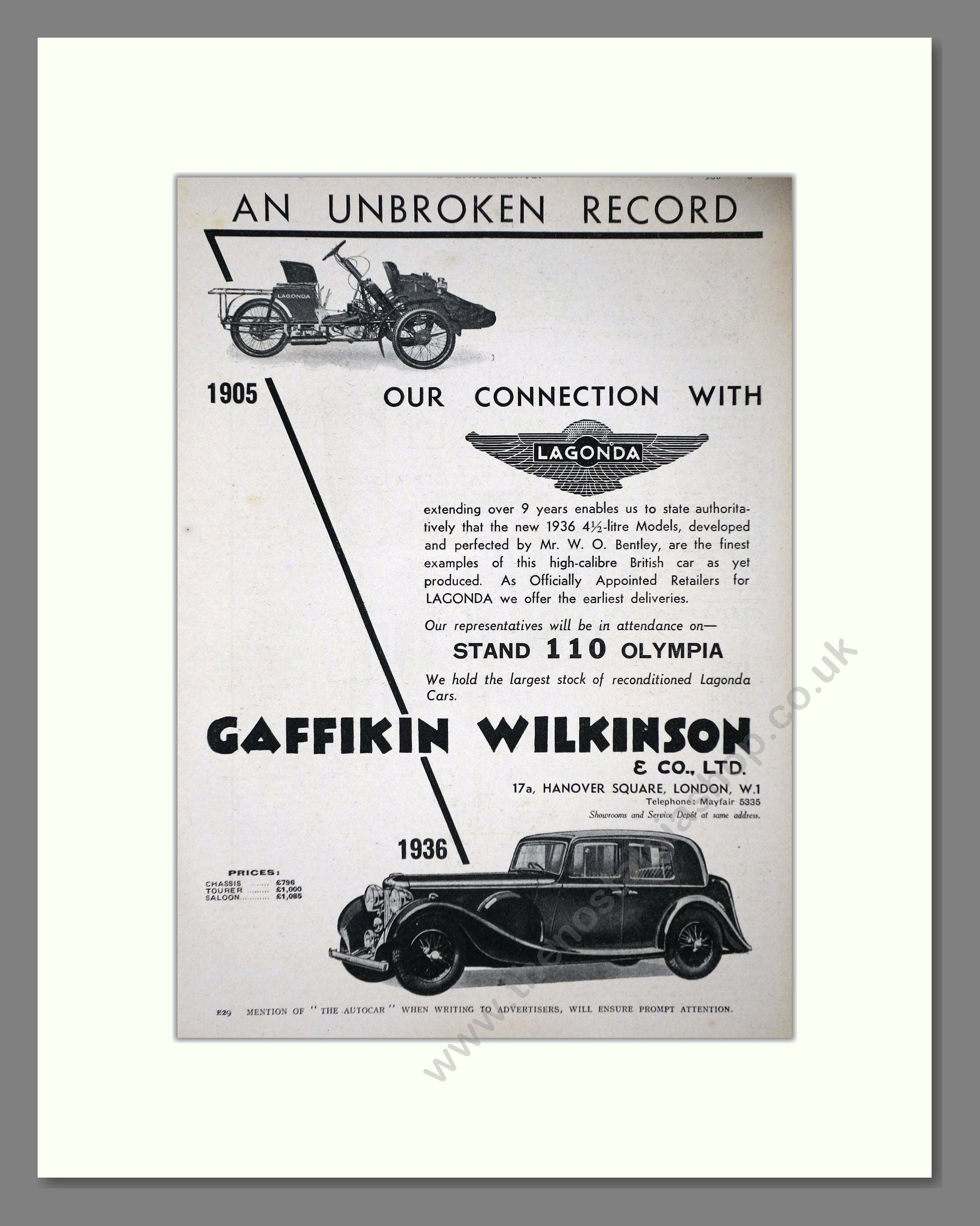 Lagonda - Gaffikin Wilkinson. Vintage Advert 1935 (ref AD65240)