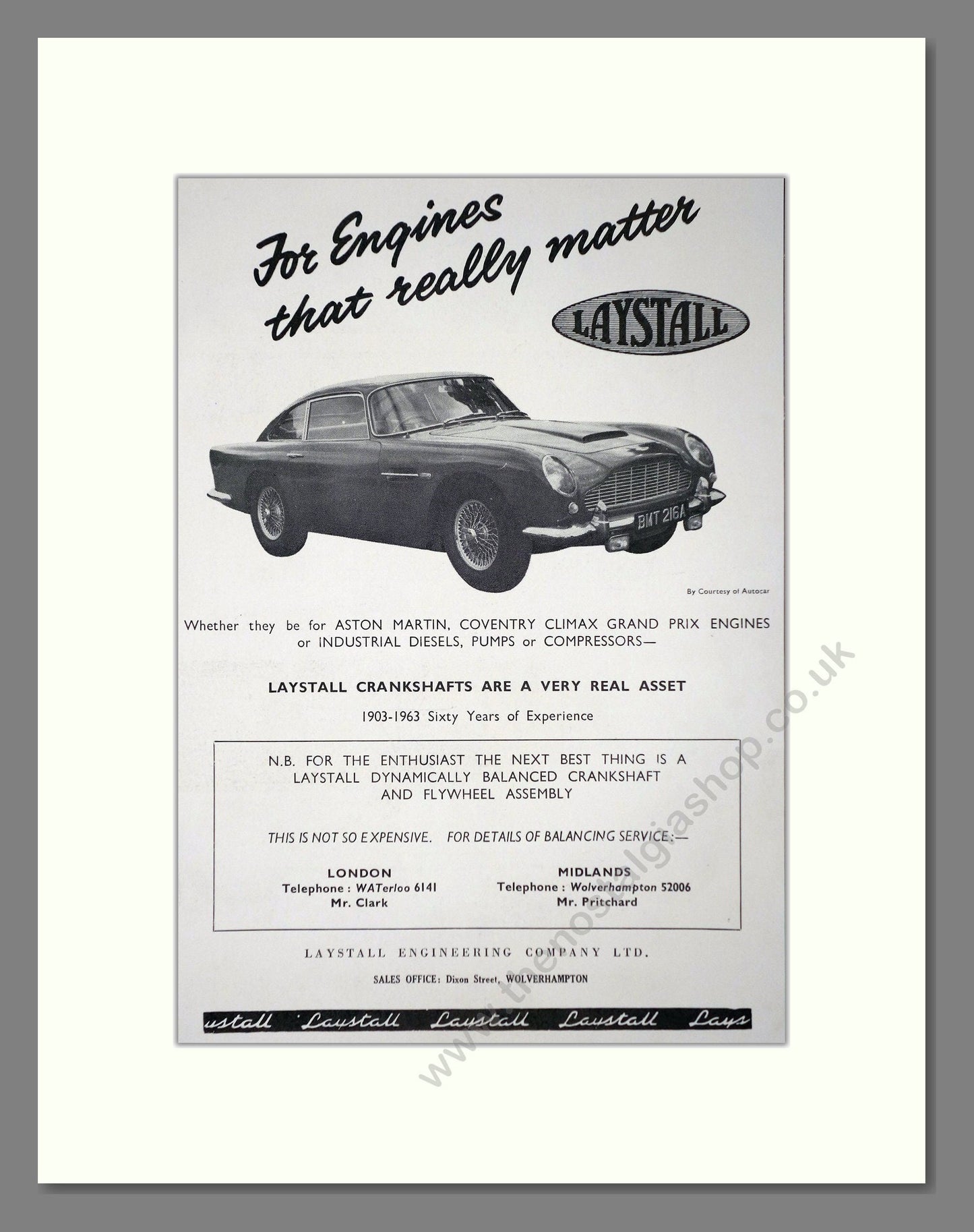 Aston Martin - Laystall Crankshafts. Vintage Advert 1963 (ref AD65253)
