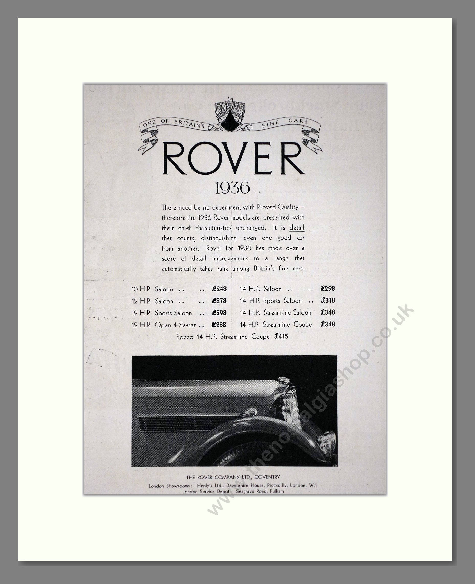 Rover - Various 1936 Models. Vintage Advert 1936 (ref AD65263)