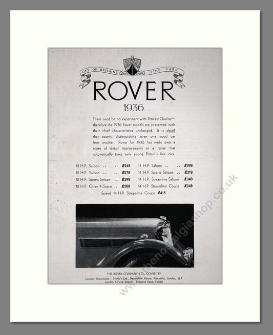 Rover - Various 1936 Models. Vintage Advert 1936 (ref AD65263)