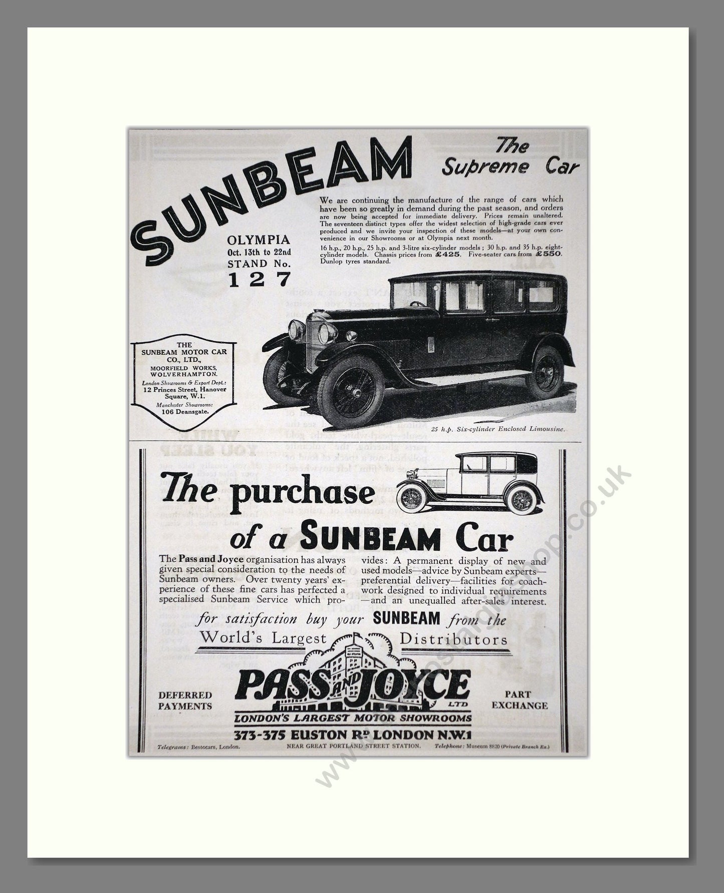 Sunbeam - Enclosed Limousine. Vintage Advert 1927 (ref AD65272)