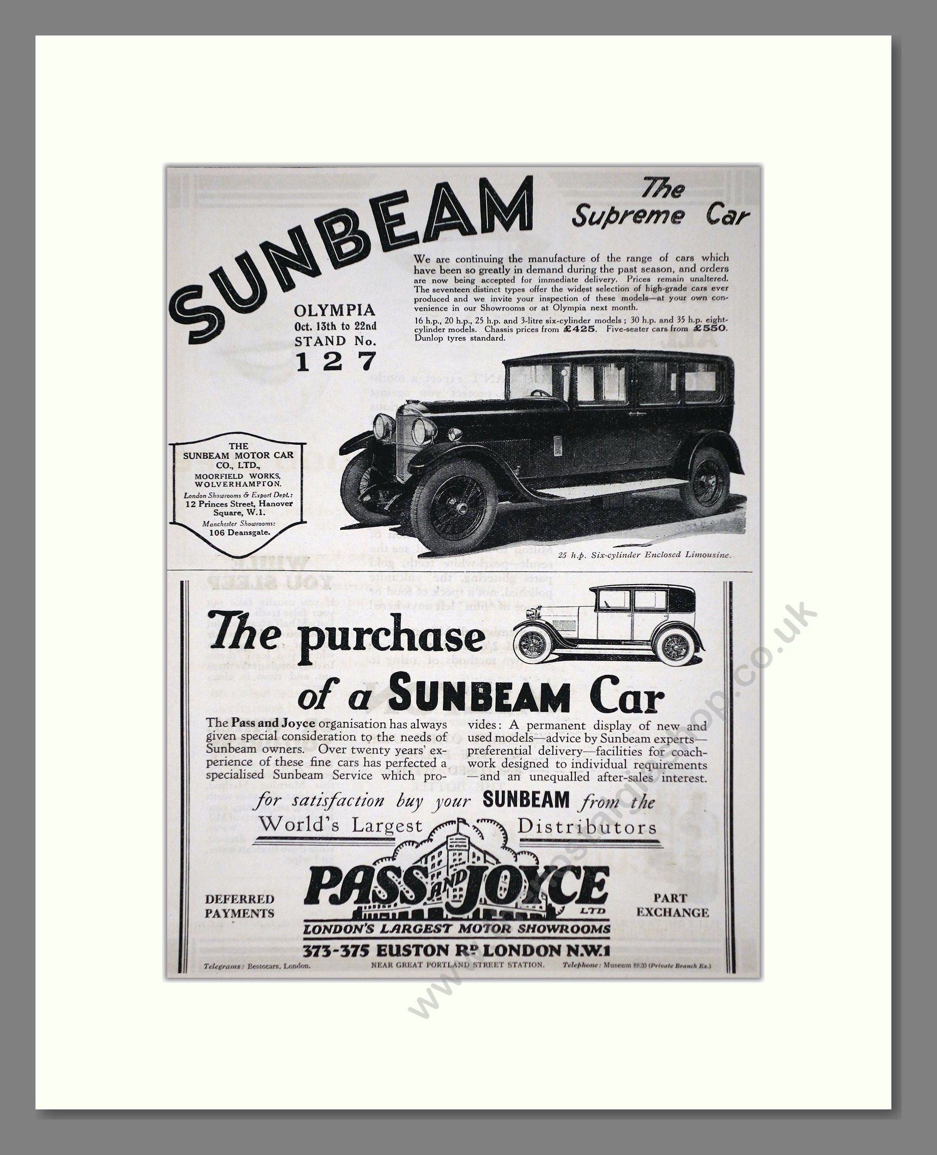 Sunbeam - Enclosed Limousine. Vintage Advert 1927 (ref AD65272)