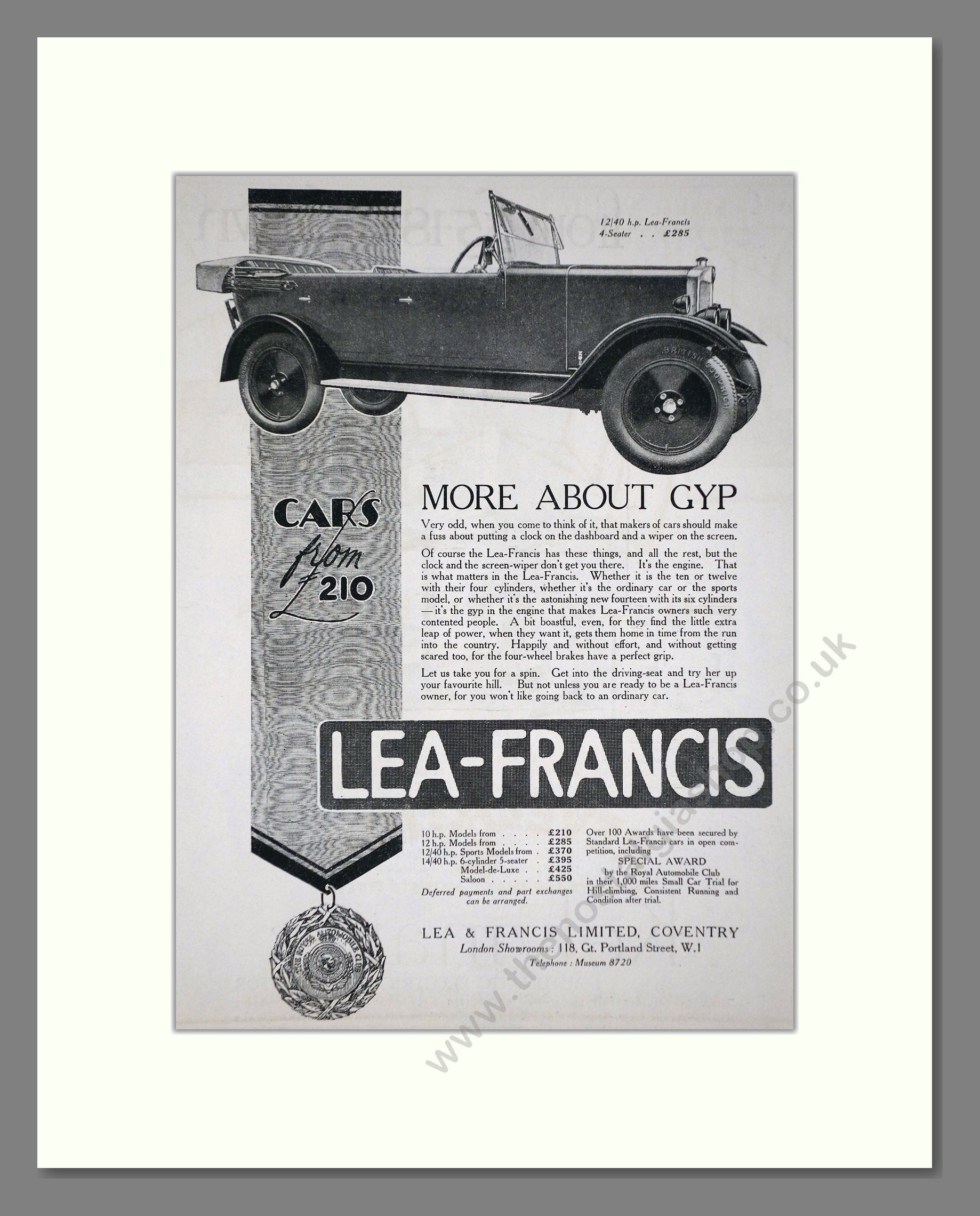 Lea Francis - 12/40 4 Seater. Vintage Advert 1927 (ref AD65274)