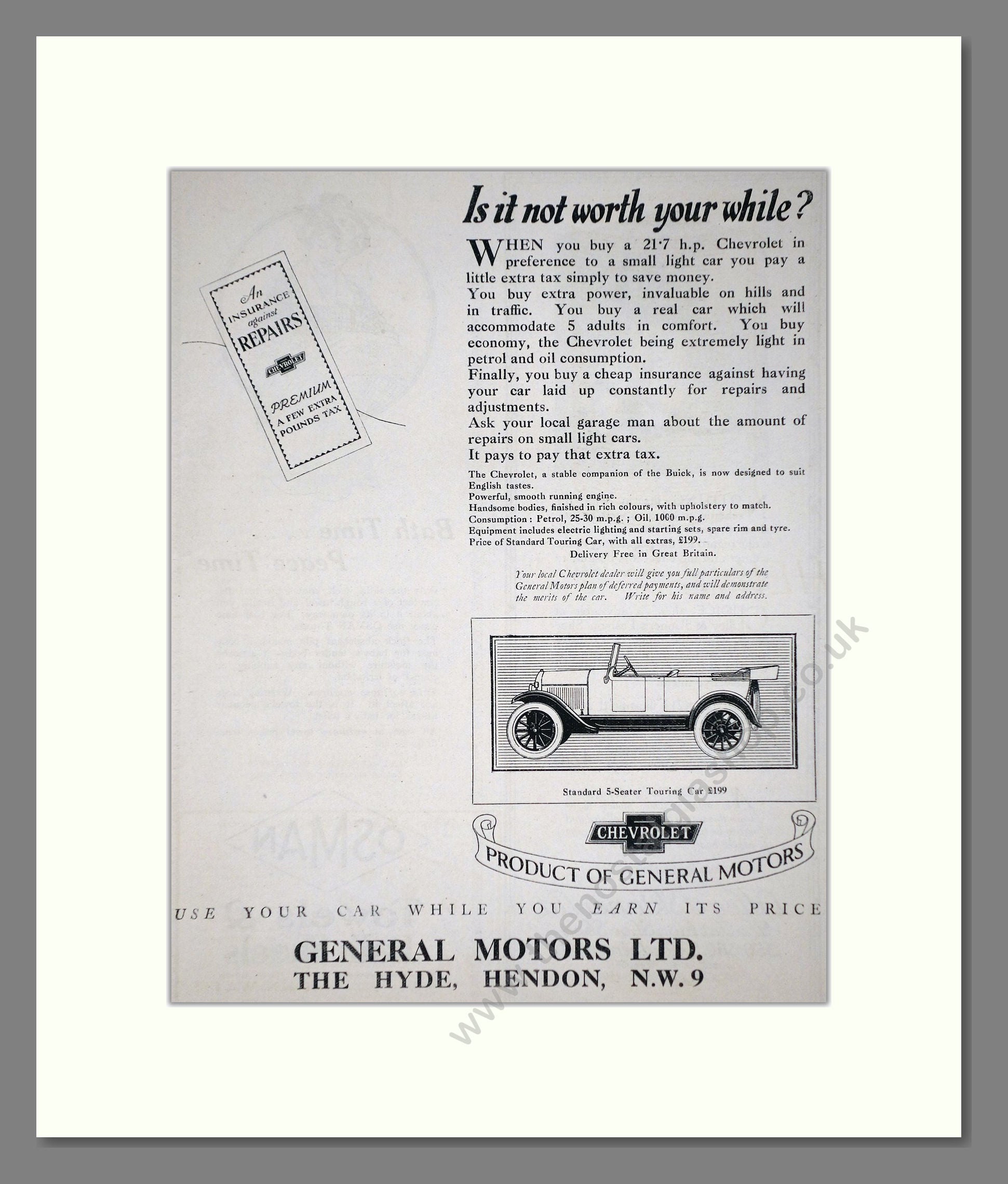 Chevrolet - 5 Seater Touring. Vintage Advert 1924 (ref AD65276)