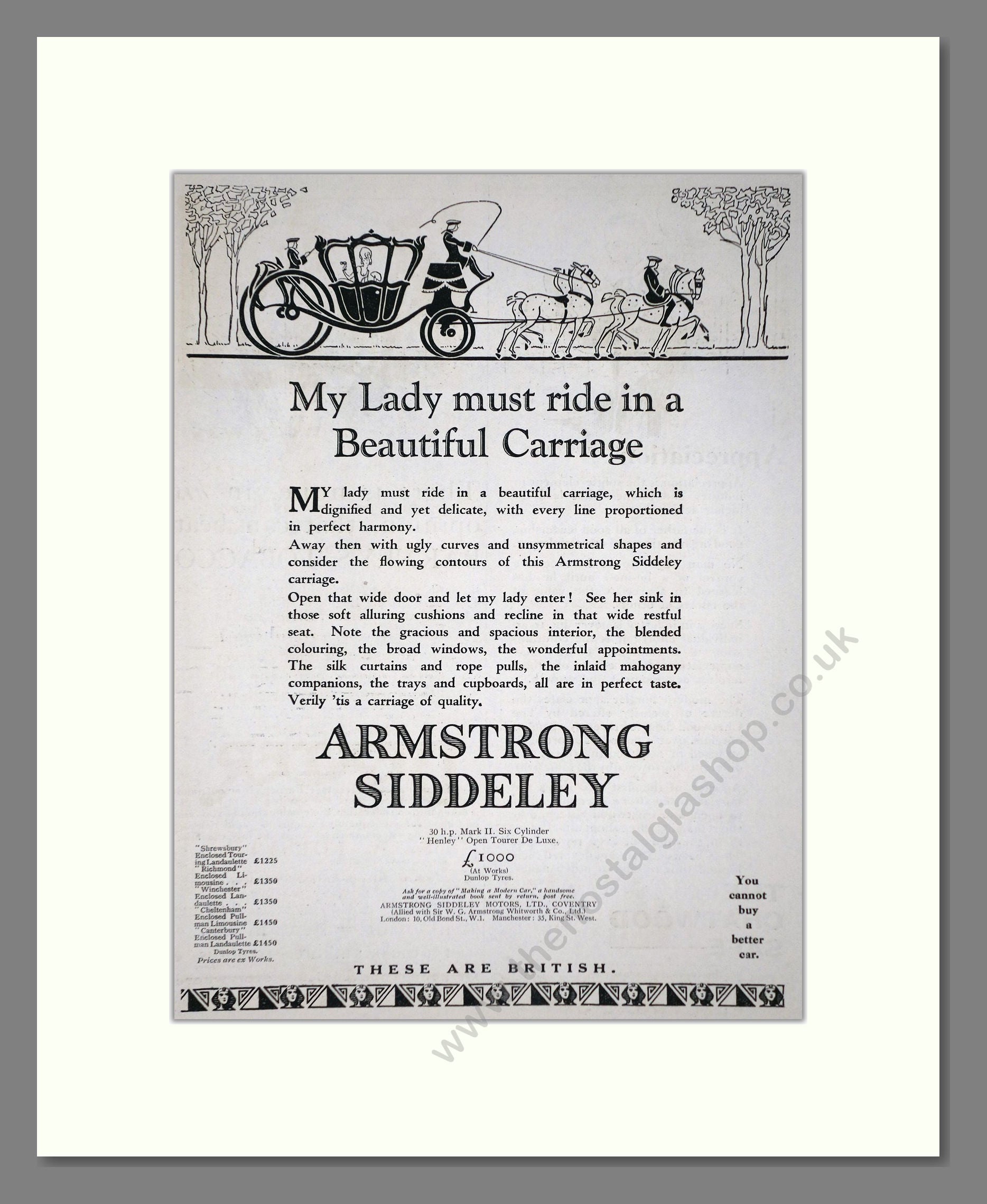 Armstrong Siddeley - Henley Open Tourer. Vintage Advert 1926 (ref AD65298)