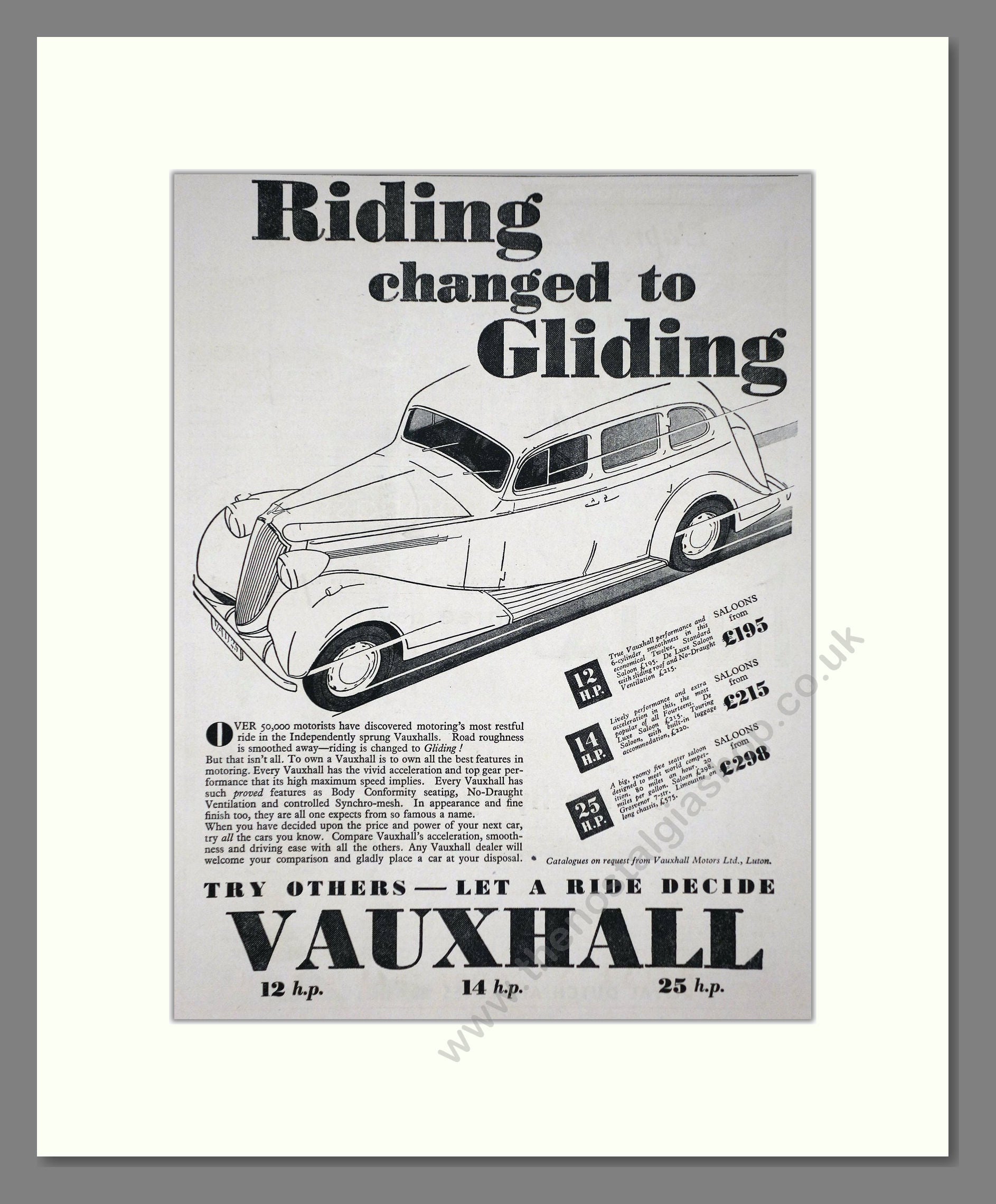 Vauxhall - Riding Changed To Gliding. Vintage Advert 1937 (ref AD65317)