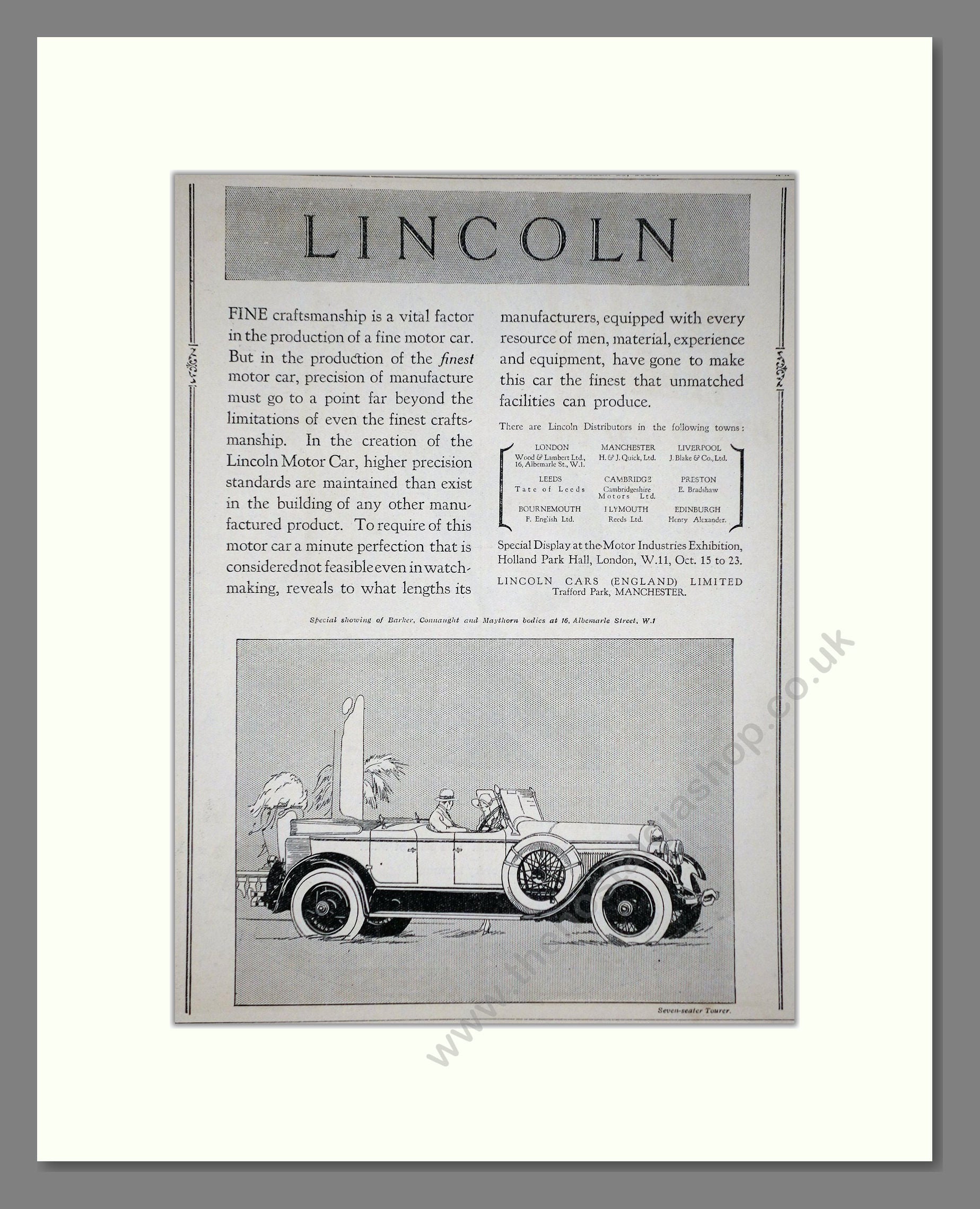 Lincoln - Seven Seater Tourer. Vintage Advert 1926 (ref AD65332)