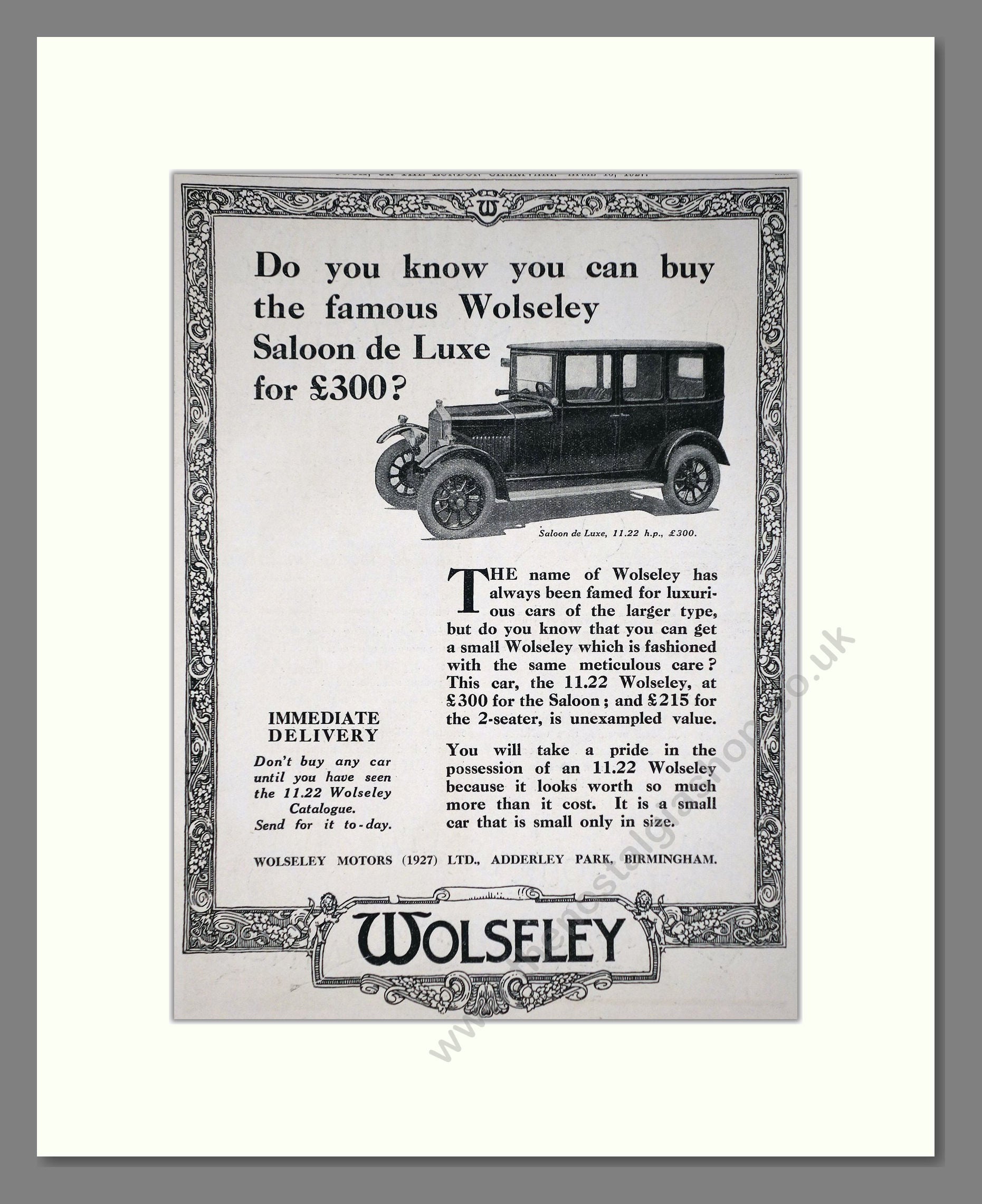 Wolseley - Saloon De Luxe. Vintage Advert 1927 (ref AD65335)