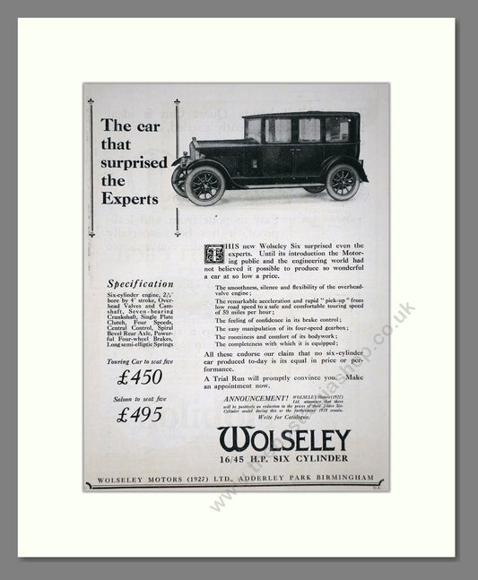 Wolseley - 16/45. Vintage Advert 1927 (ref AD65337)
