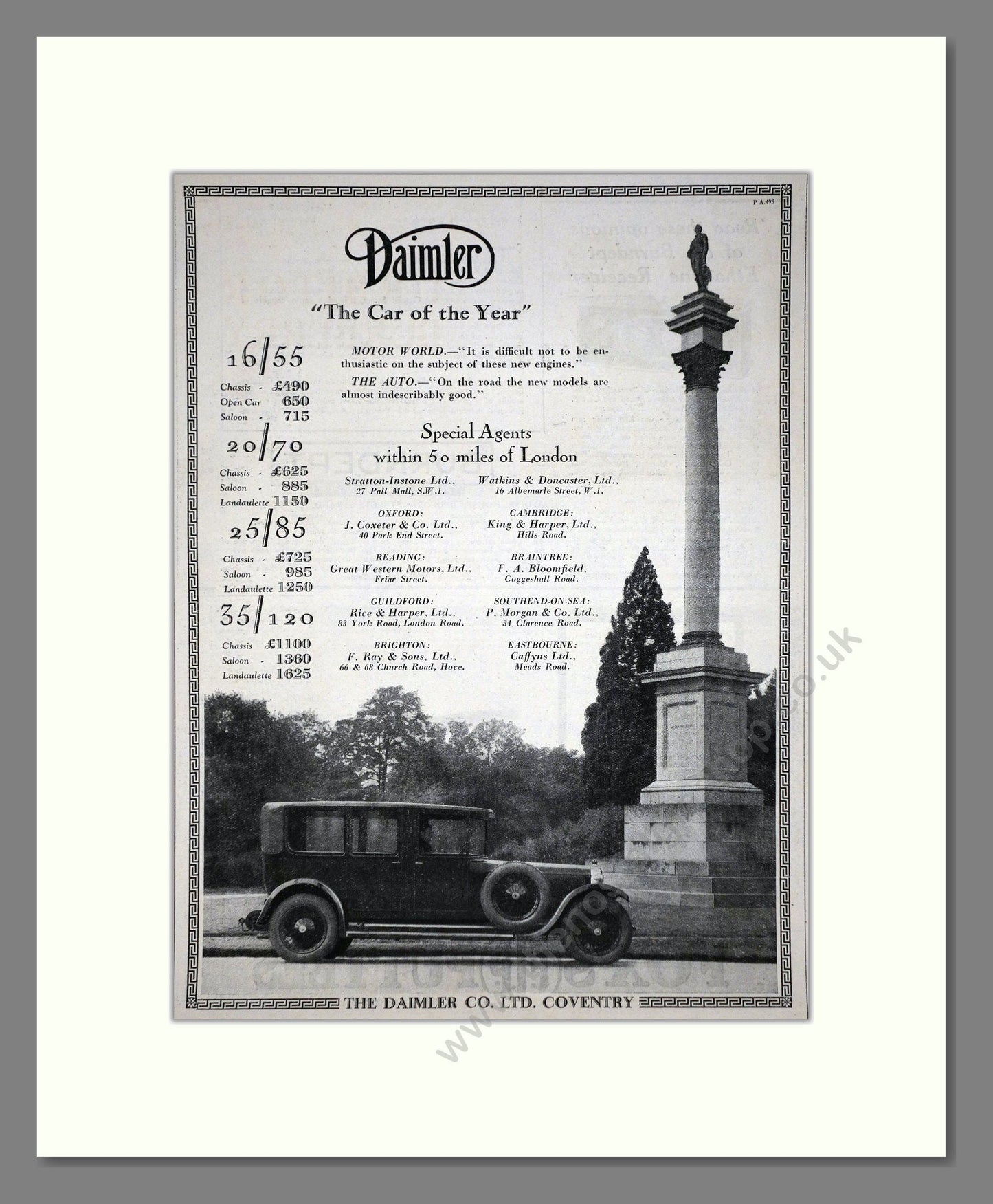 Daimler - Car Of The Year (16/55, 20/70, 25/85, 35/120). Vintage Advert 1926 (ref AD65378)