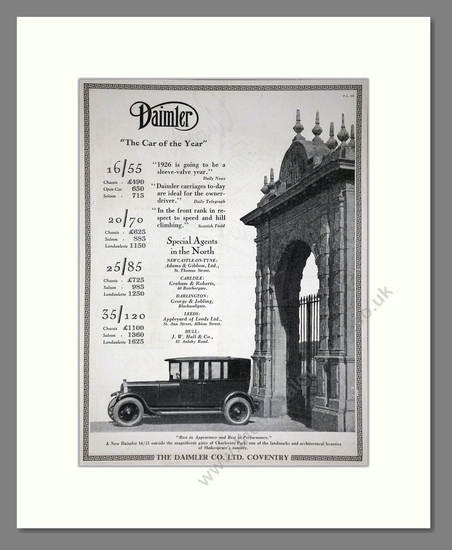 Daimler - Car Of The Year (16/55, 20/70, 25/85, 35/120). Vintage Advert 1926 (ref AD65382)